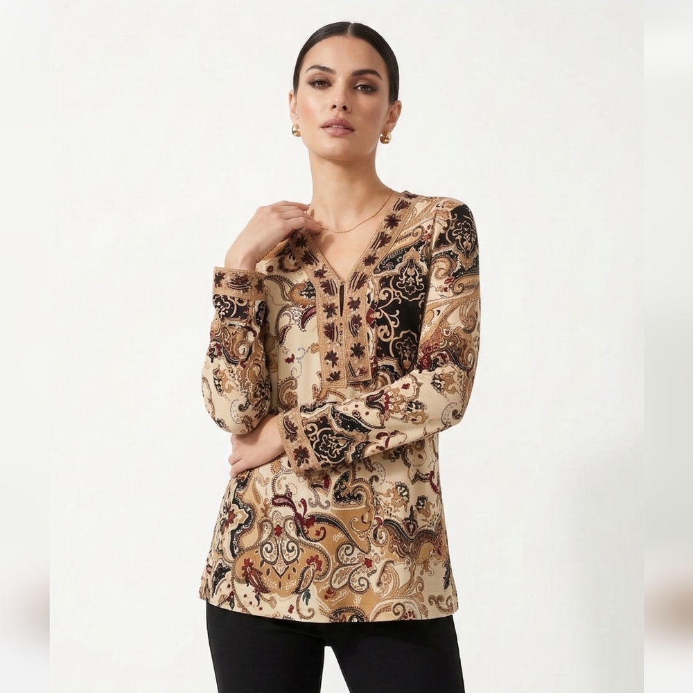 White Stag Brown Paisley Boho Beaded Sequin Pullover Peasant Blouse Size L